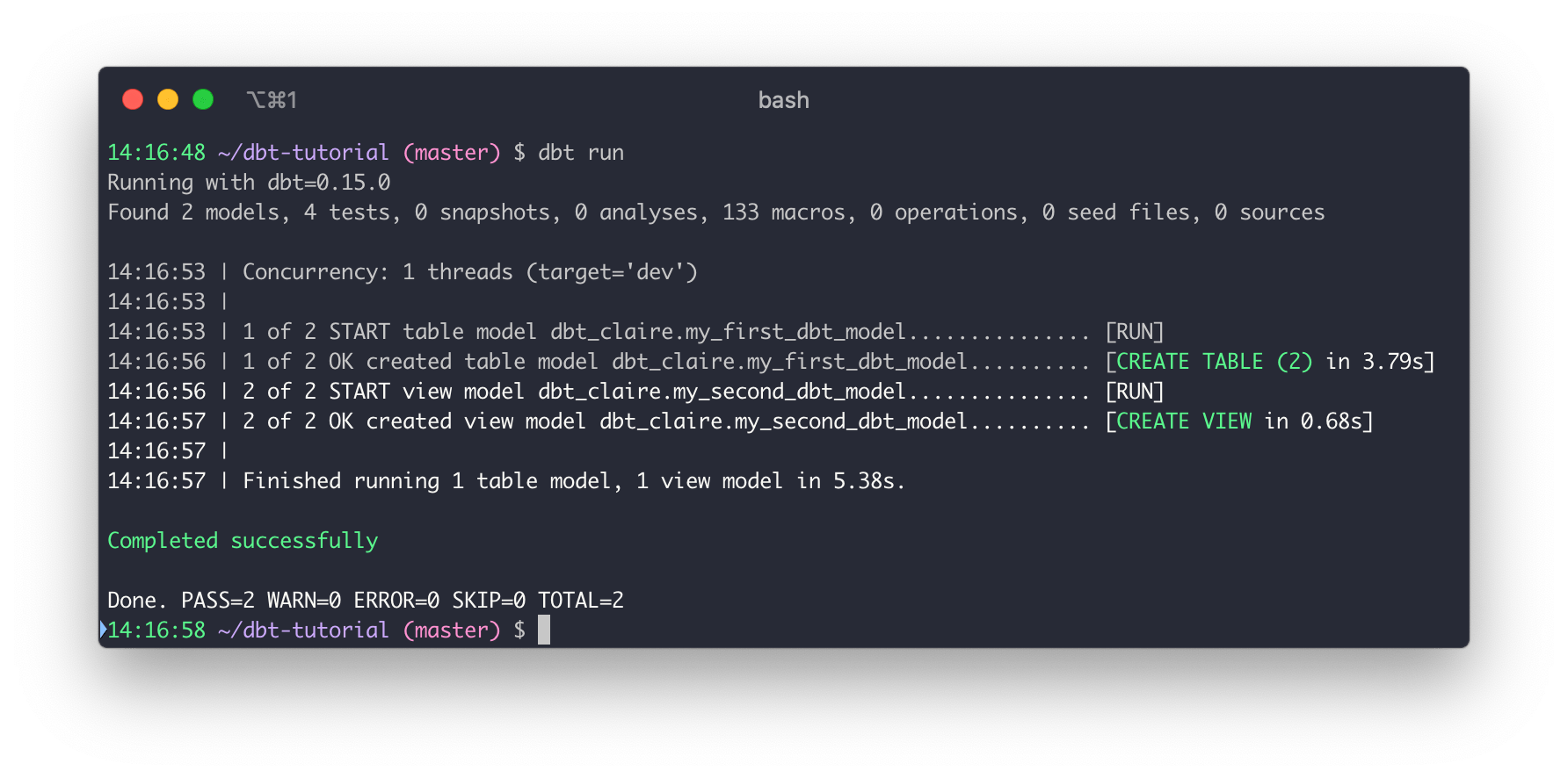 A successful dbt run command
